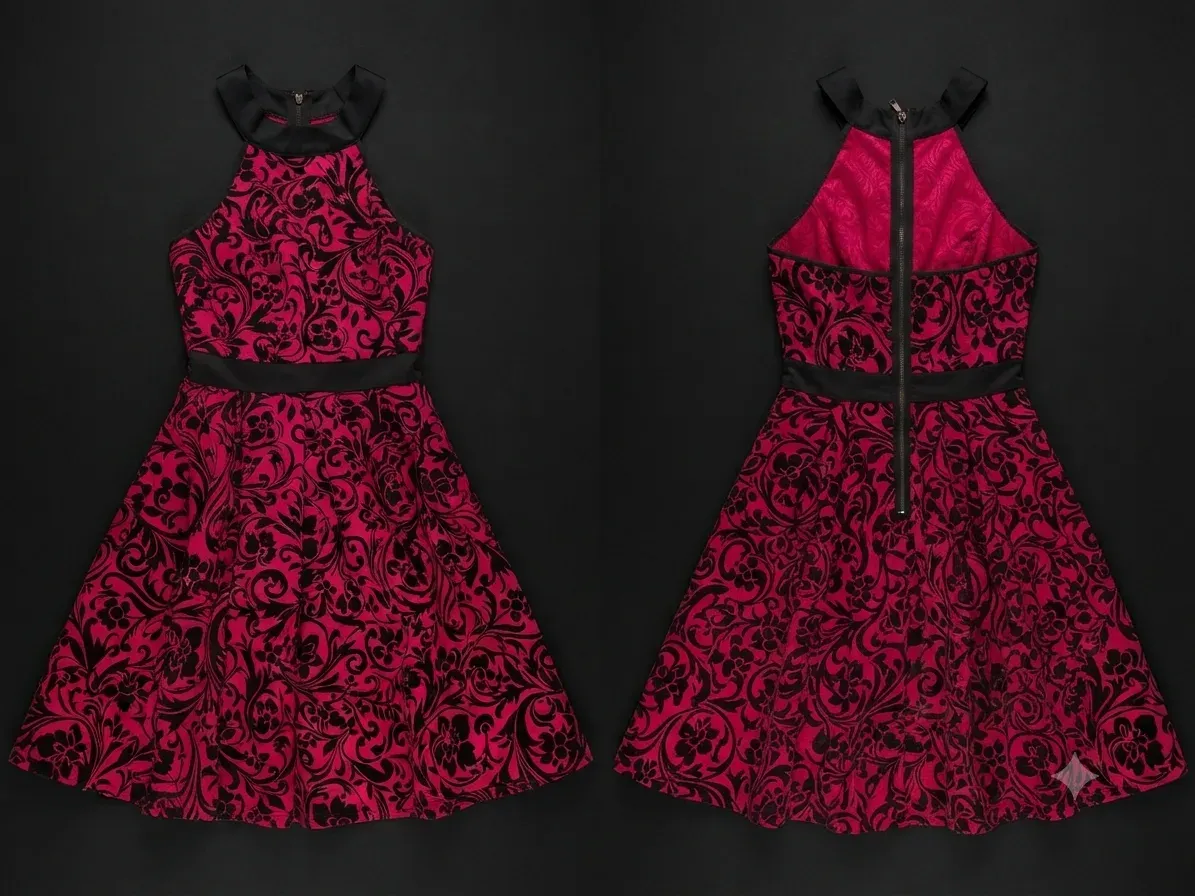 Robe de soirée patineuse en velours floqué rouge et noir