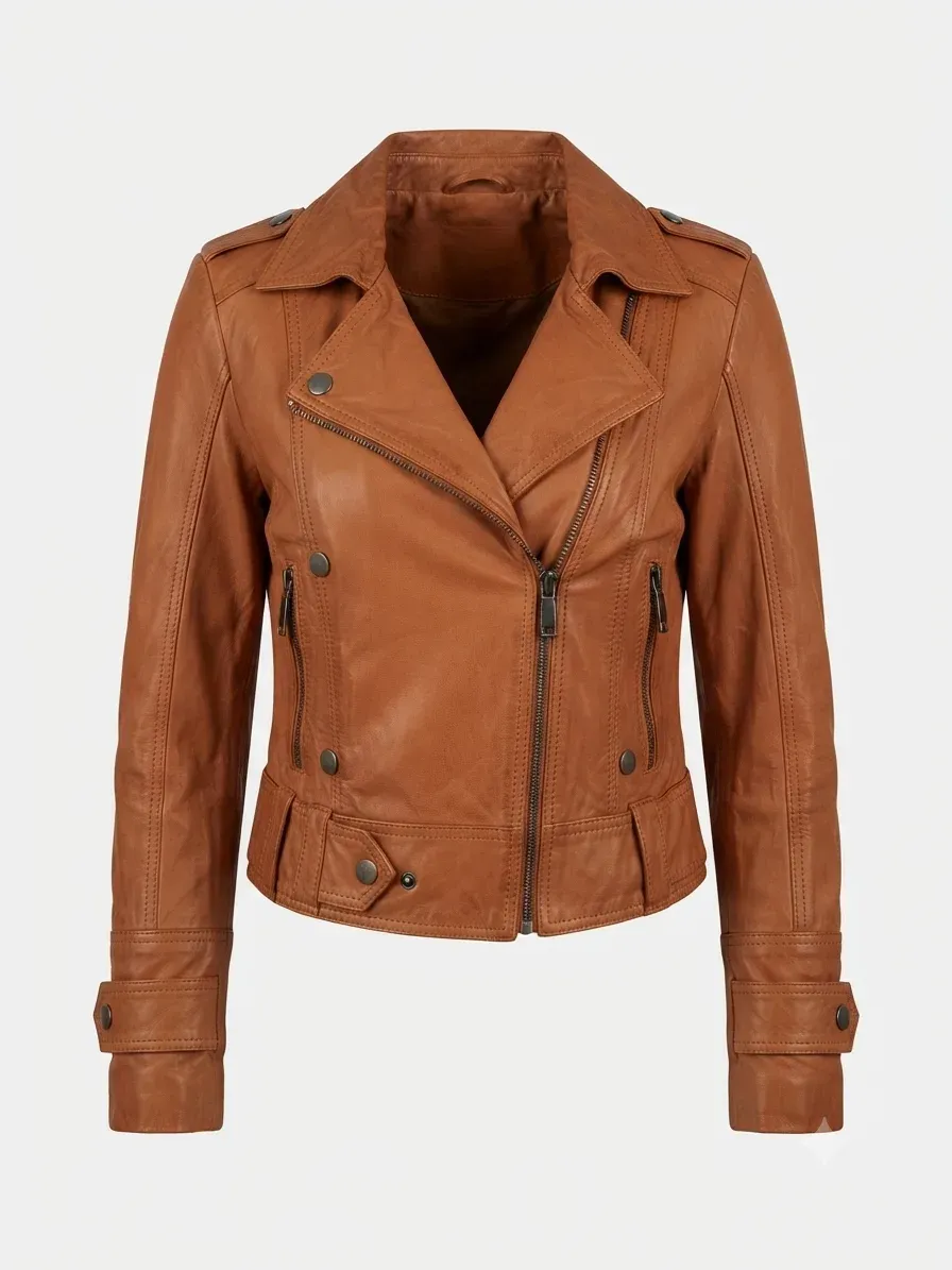 Veste de motarde en cuir cognac - Taille 36