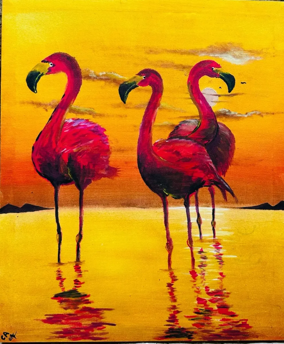 tableau Coucher de Soleil aux Flamants Roses
