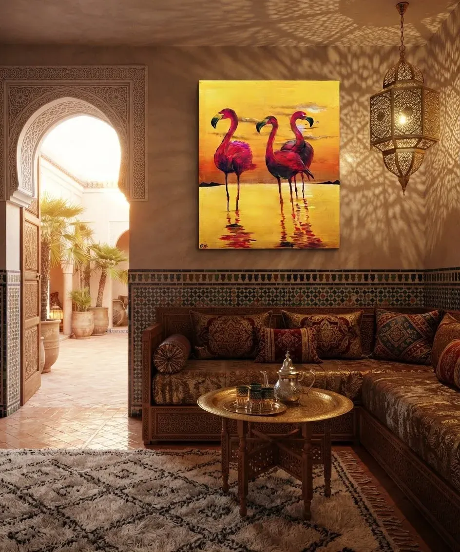tableau Coucher de Soleil aux Flamants Roses 2