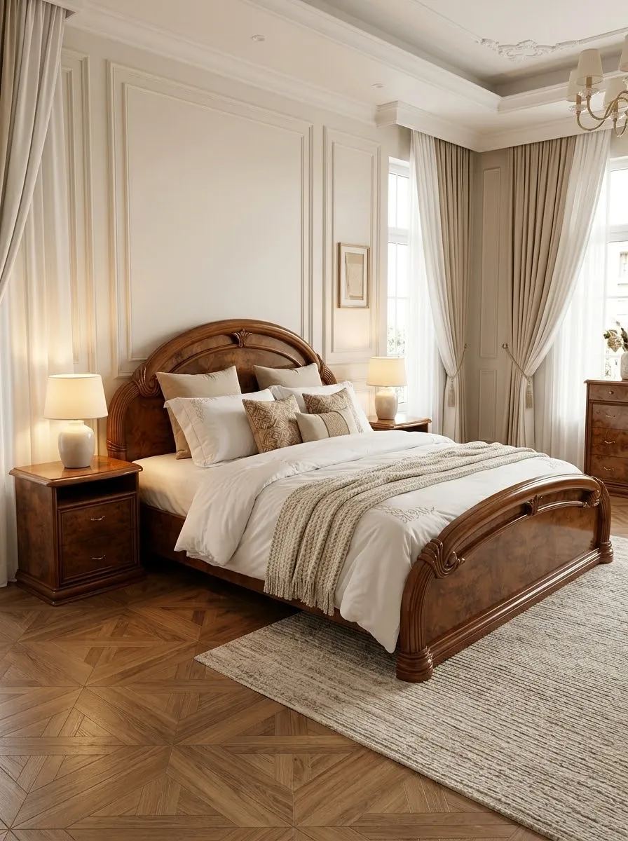 Chambre parentale complète classique en VRAI MARBRE et loupe de noyer (Lit + Coiffeuse + Miroir + 2 Chevets)