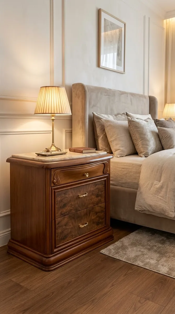 Chambre parentale complète classique en VRAI MARBRE et loupe de noyer (Lit + Coiffeuse + Miroir + 2 Chevets) 2