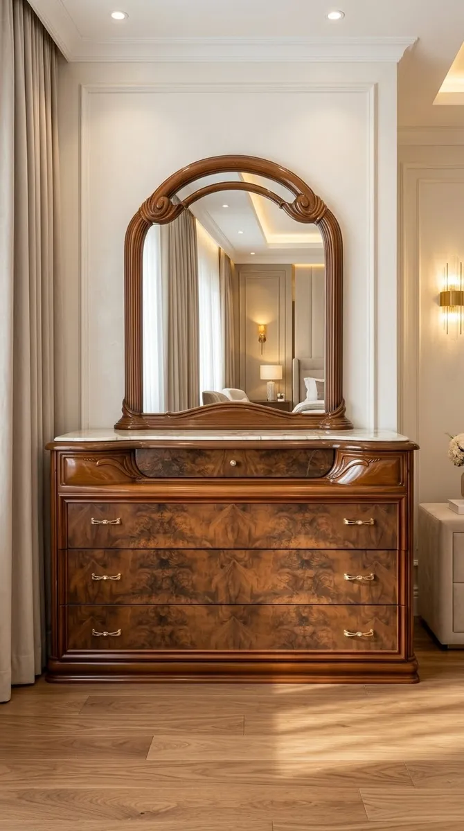 Chambre parentale complète classique en VRAI MARBRE et loupe de noyer (Lit + Coiffeuse + Miroir + 2 Chevets) 3